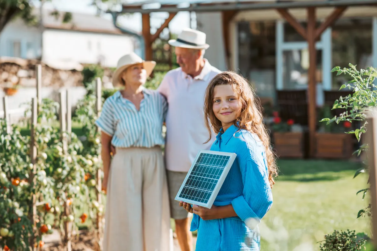 Zonnepaneel vasthoudend kind in tuin met op de achtergrond twee ouderen bij duurzame woning.